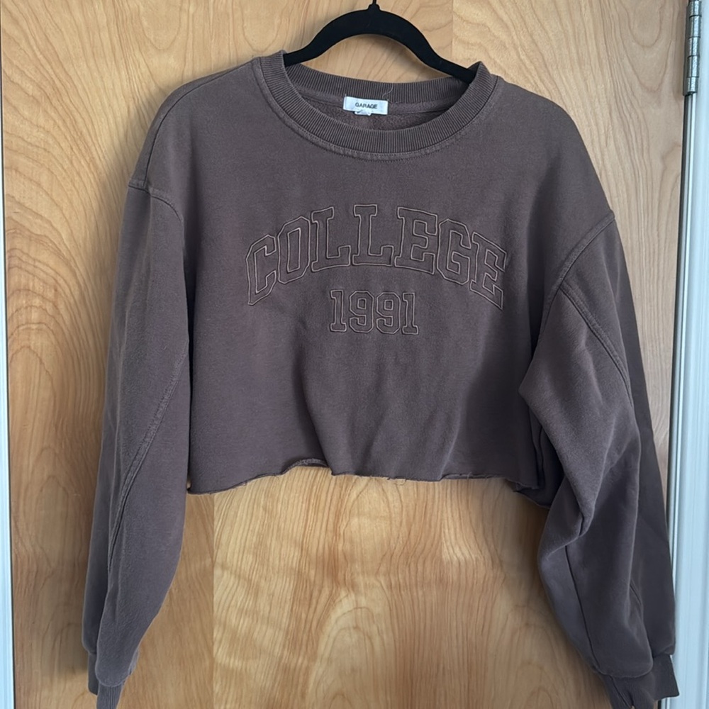 Garage Cropped College 1991 Sweatshirt Retro Brown Size Small